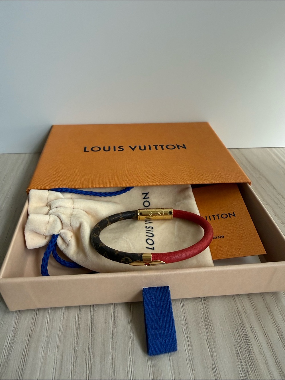 Louis Vuitton Red and Brown Monogram Leather Cuff Bracelet with Gold Hardware